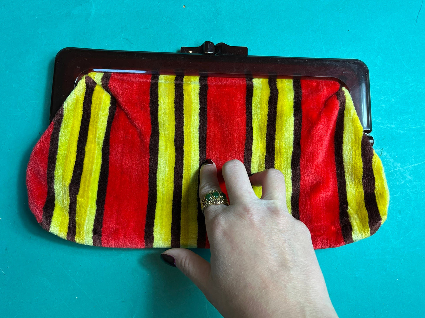 Vintage 1970s Bright Striped Carpet Retro Snap Clutch Purse
