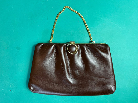 Vintage 1960s Brown Snap Clasp Retro Chain Clutch Purse