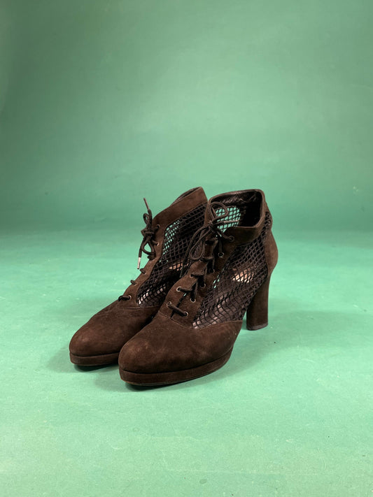 Black Platform Shoes Mesh Suede Bis Charles Jourdan Vintage 90s Netted Chunk Heel Lace Up Black Ankle Heel size 8.5