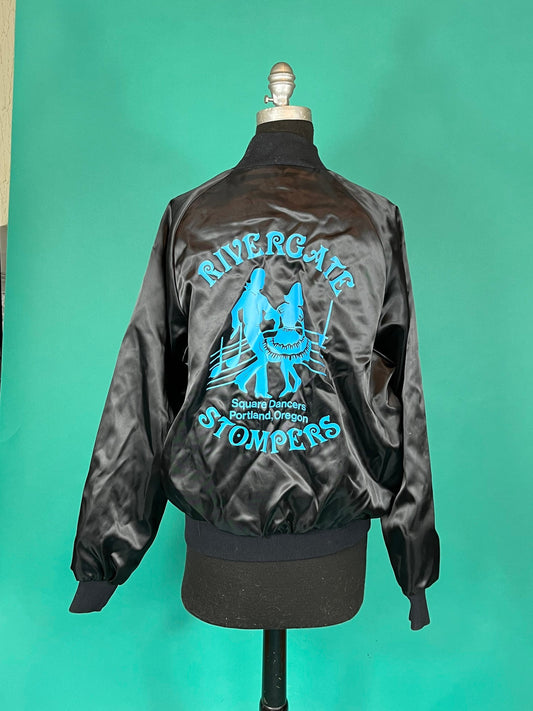Rivergate Stompers Square Dancers Portland Or Vintage 80s Black Snap Up Roberta Windbreaker Graphic Bomber Jacket size Medium