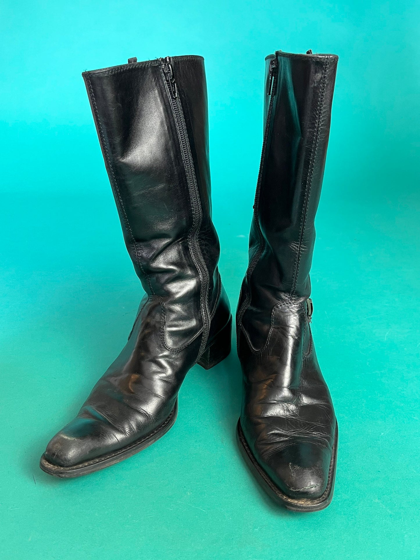 Zip Up Black Leather Vintage 90s Pointed Toe Western Calf Length Buckle Boots size 7