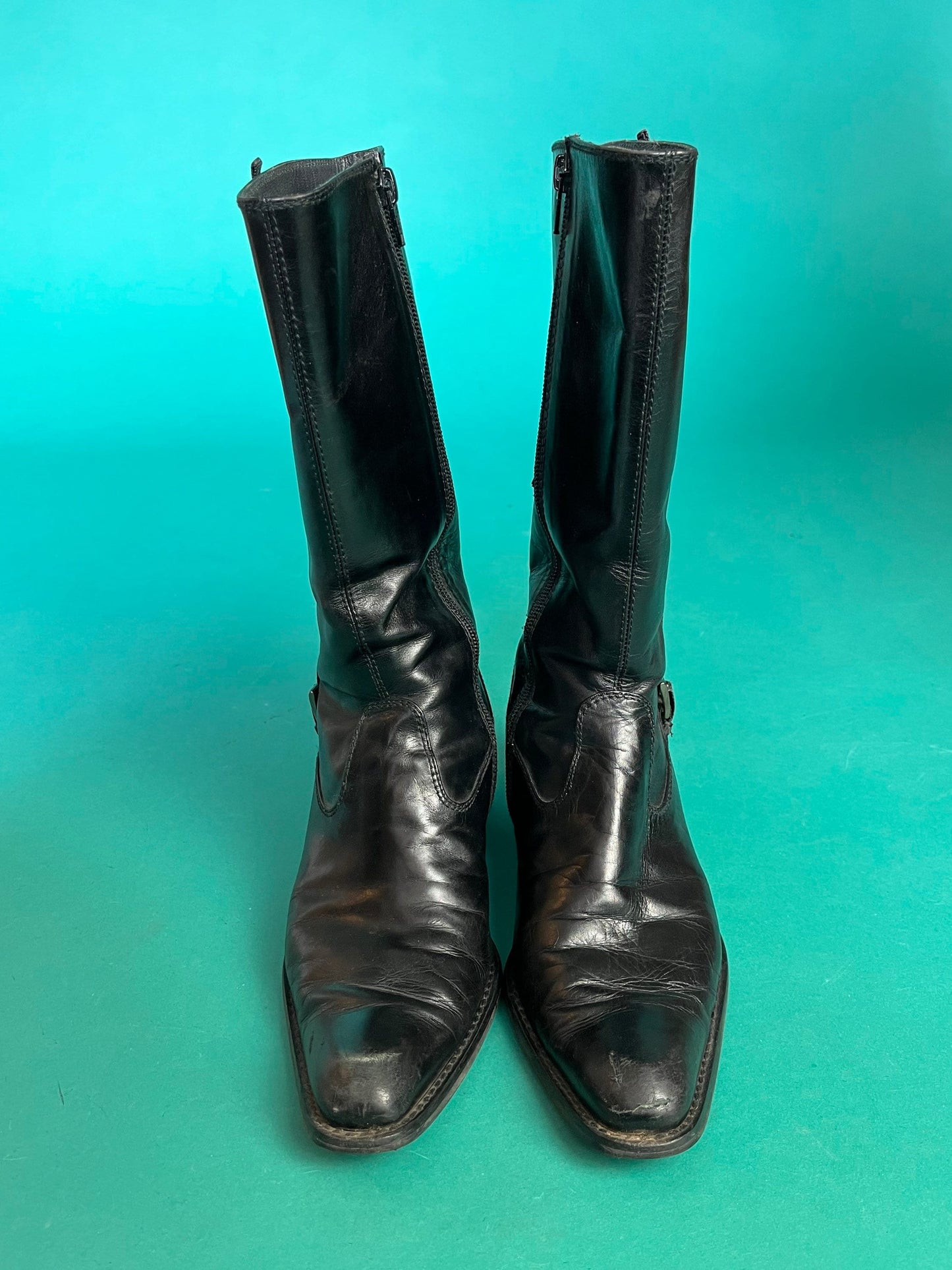 Zip Up Black Leather Vintage 90s Pointed Toe Western Calf Length Buckle Boots size 7