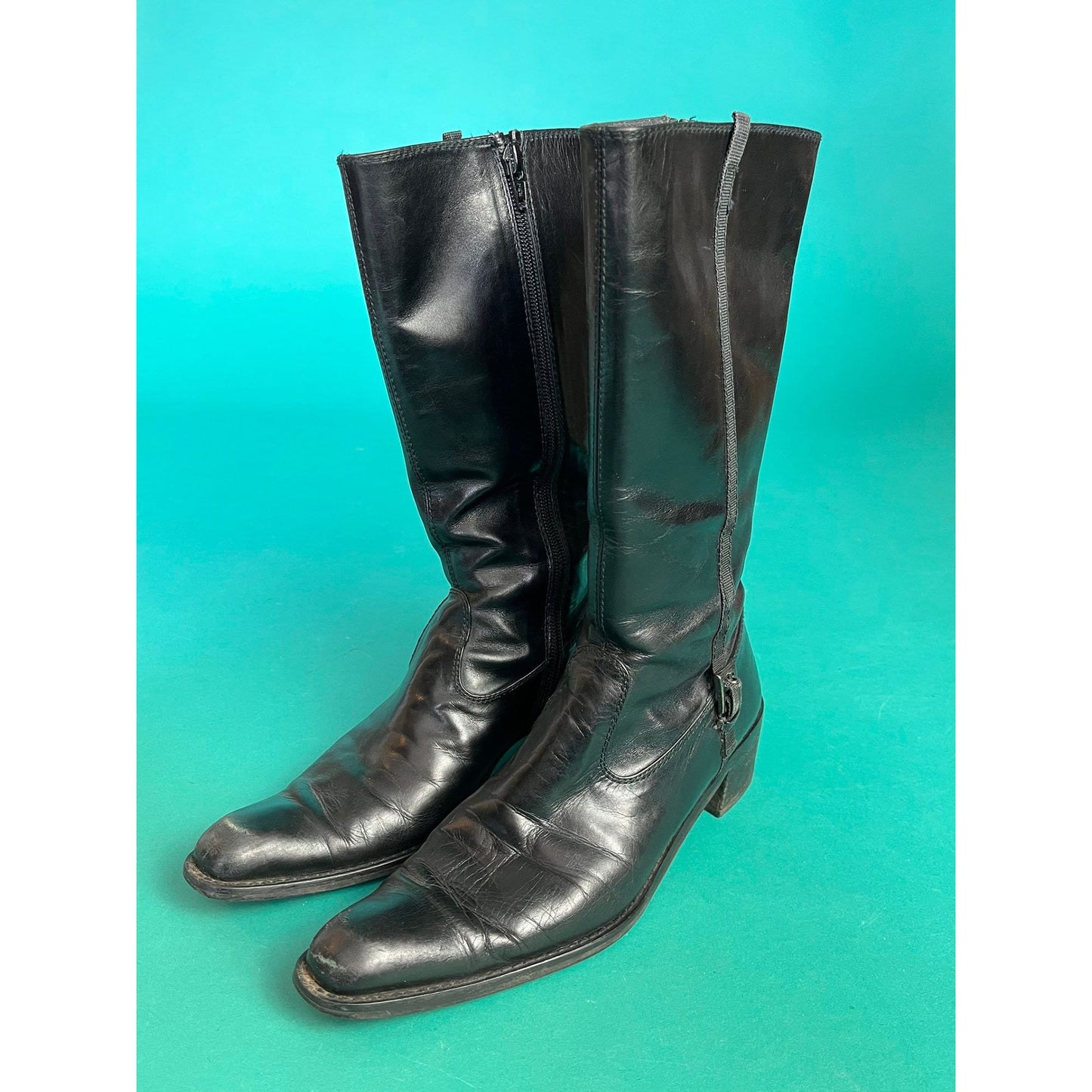 Zip Up Black Leather Vintage 90s Pointed Toe Western Calf Length Buckle Boots size 7