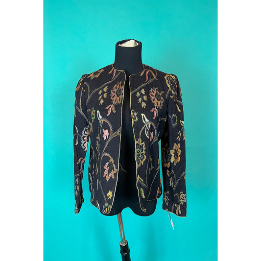 Vintage 1990s Womens Samuel Blue Tinsel Floral Evening Blazer Jacket size 10