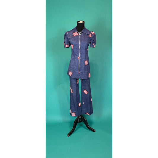 Groovy Denim Patchwork Two Piece Vintage 60s Zip Up Retro Shift Dress Top High Waisted Bell Bottoms Homemade Pantsuit size 24 waist XXS