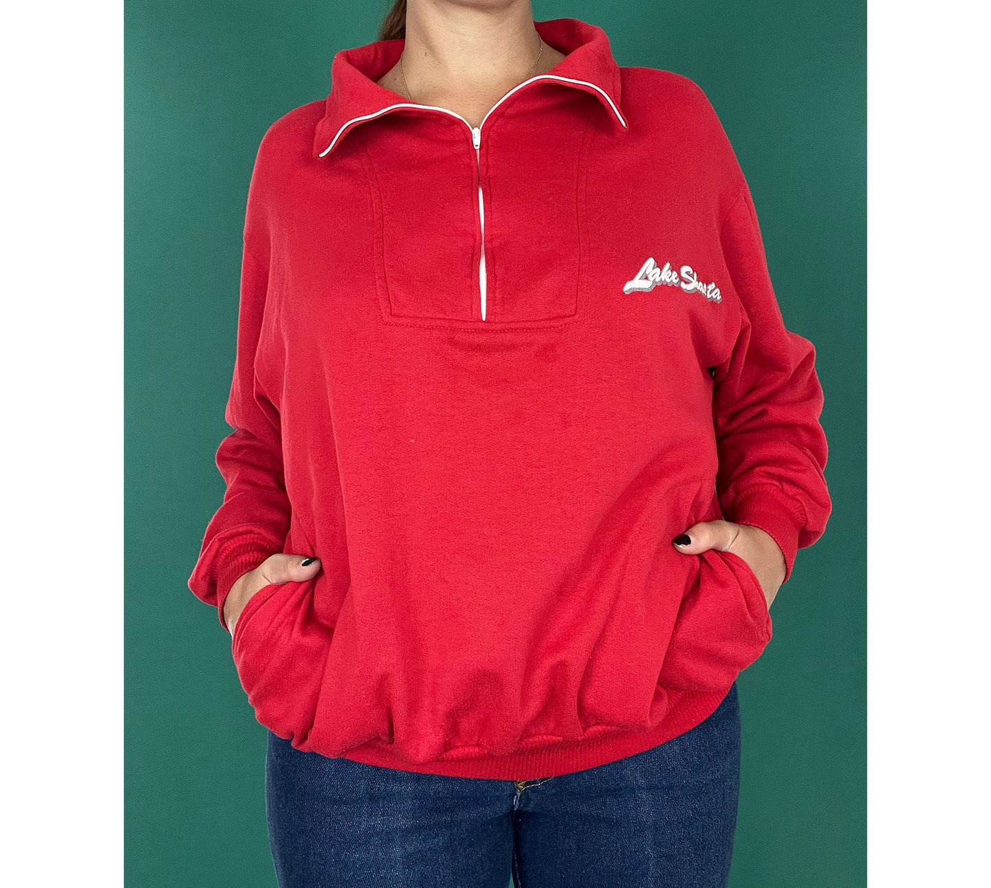 Red Lake Shasta Vintage 70s 80s Pullover Half Zip Collar Vacation Souvenir Camping Sweater size Large