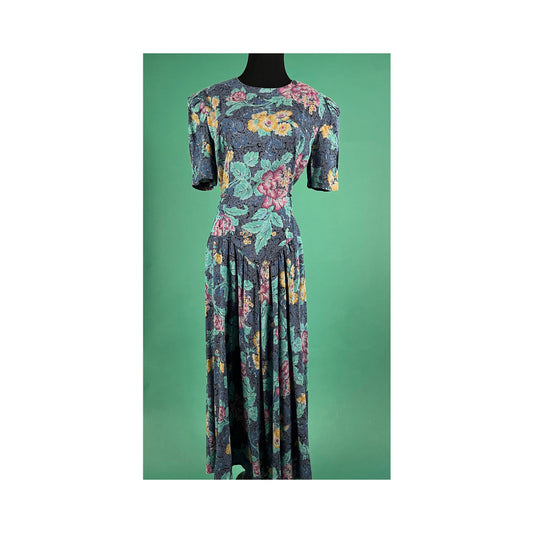 Floral Puff Sleeve Vintage 90s Drop Waist All That Jazz Midi Dress size 9 10