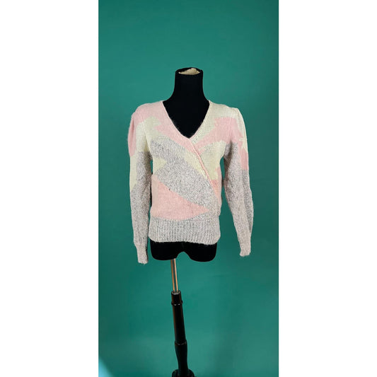 Pink Ultra Soft Angora Knit Vintage 70s 80s V Neck Puff Sleeve Sweater size Medium