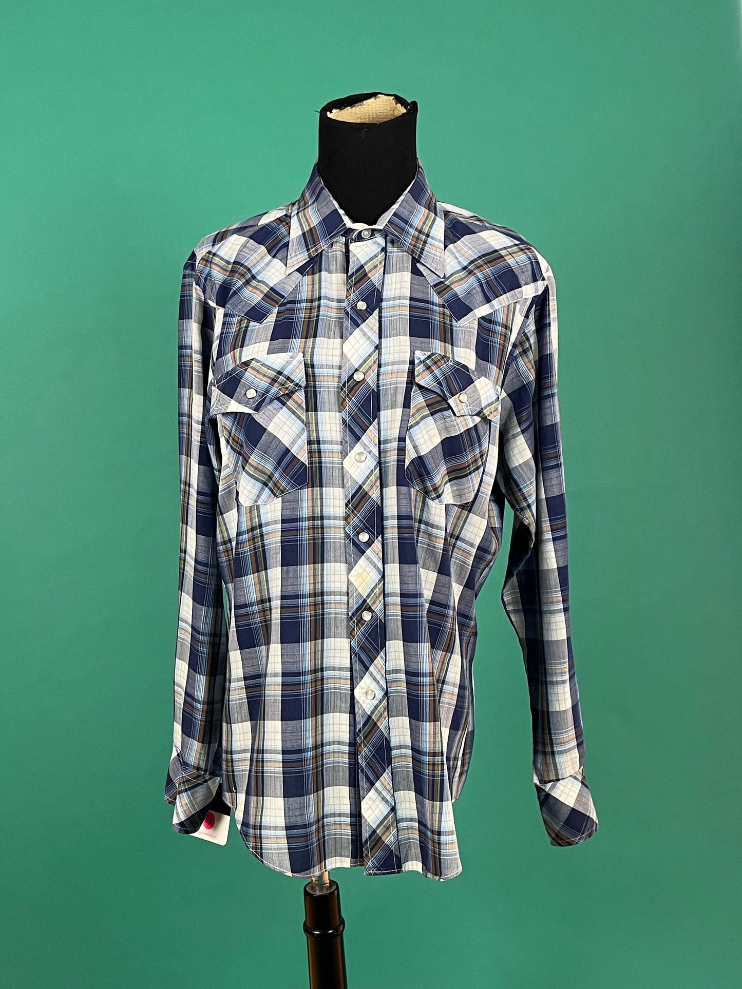 JC Penney Blue Plaid Pearl Snap Vintage 70s Button Up Pocket Long Sleeve Western Top size Large