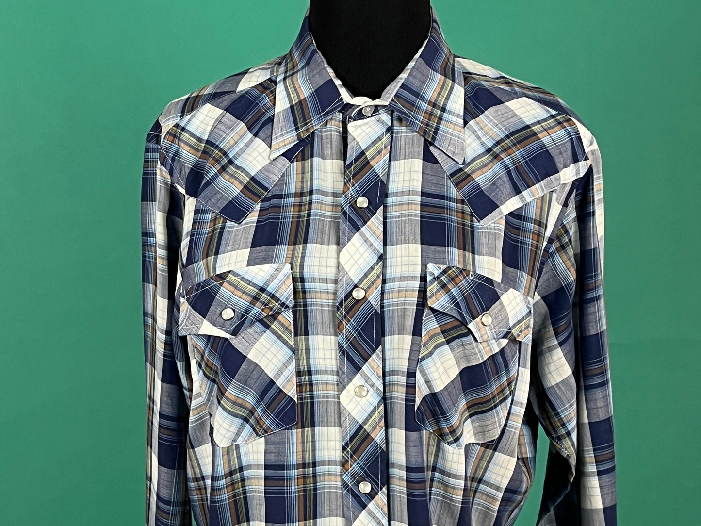 JC Penney Blue Plaid Pearl Snap Vintage 70s Button Up Pocket Long Sleeve Western Top size Large