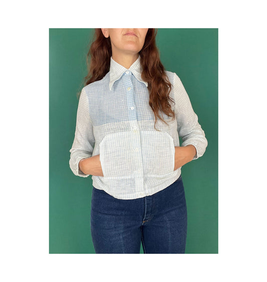 Linen Baby Blue Checkered Plaid Vintage 60s Wingtip Collared Button Up Top size XS
