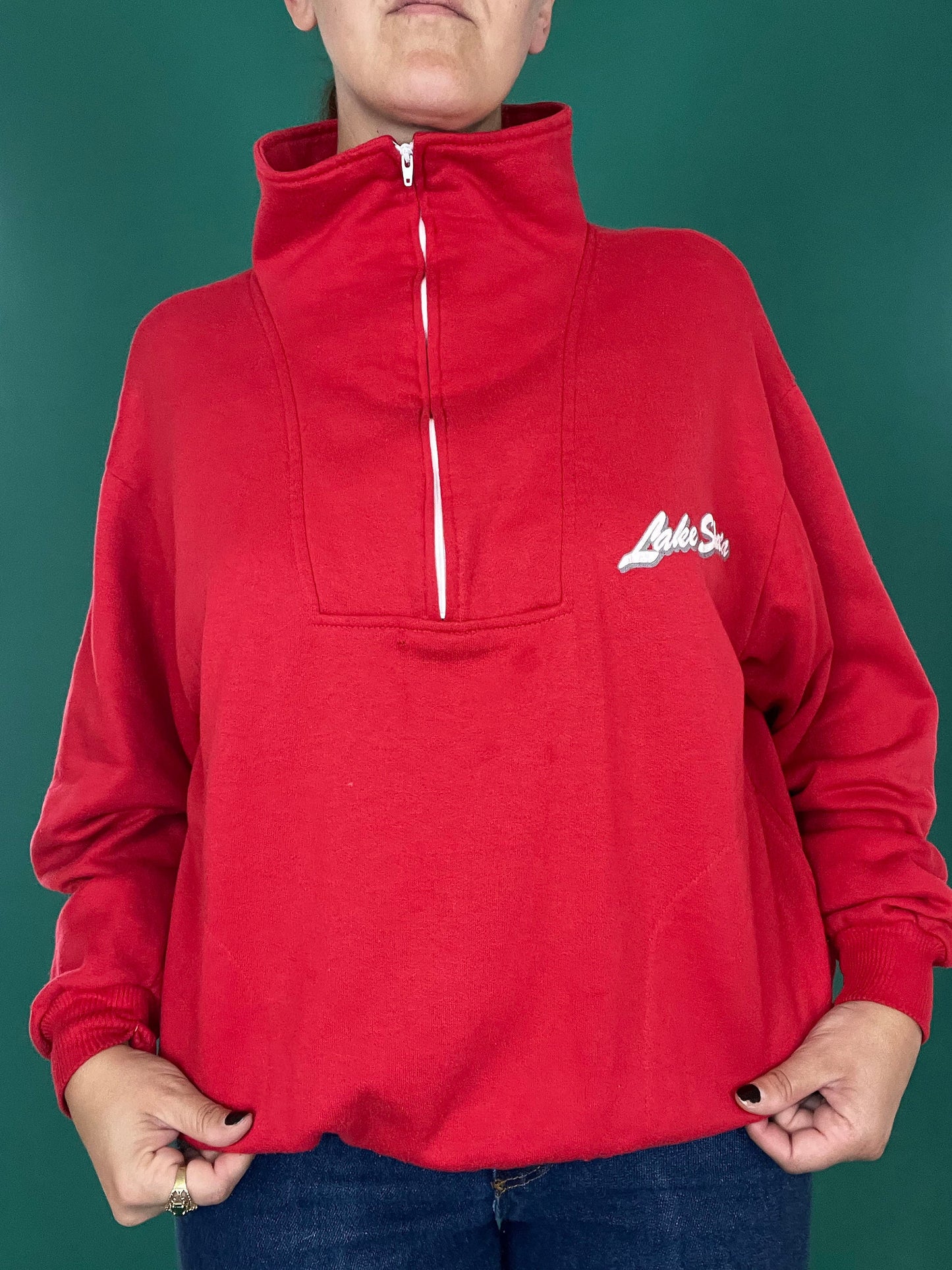 Red Lake Shasta Vintage 70s 80s Pullover Half Zip Collar Vacation Souvenir Camping Sweater size Large