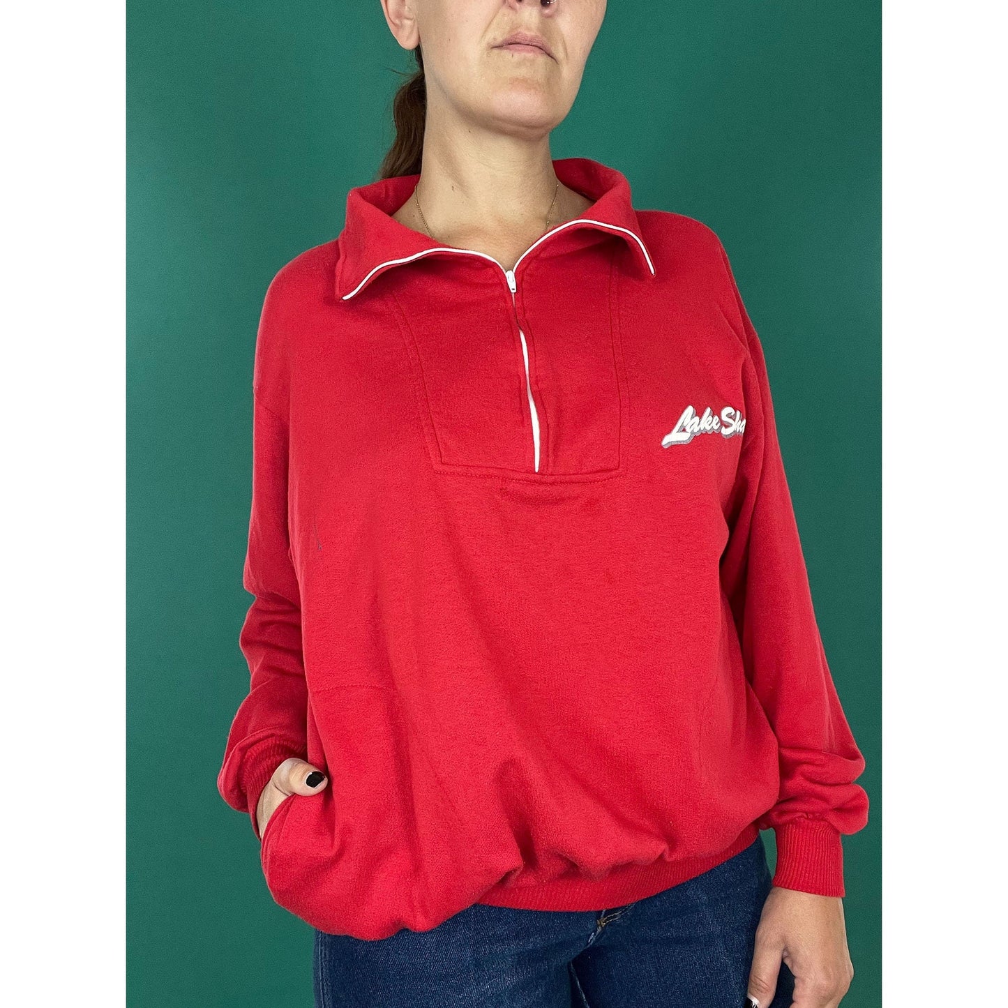 Red Lake Shasta Vintage 70s 80s Pullover Half Zip Collar Vacation Souvenir Camping Sweater size Large
