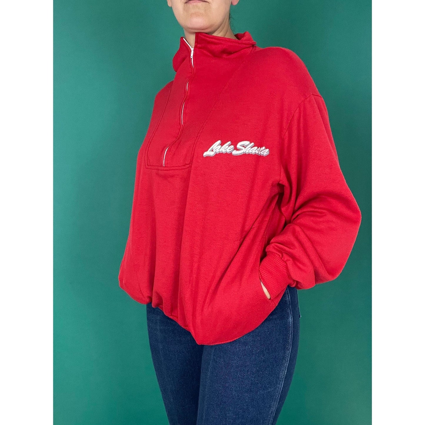 Red Lake Shasta Vintage 70s 80s Pullover Half Zip Collar Vacation Souvenir Camping Sweater size Large