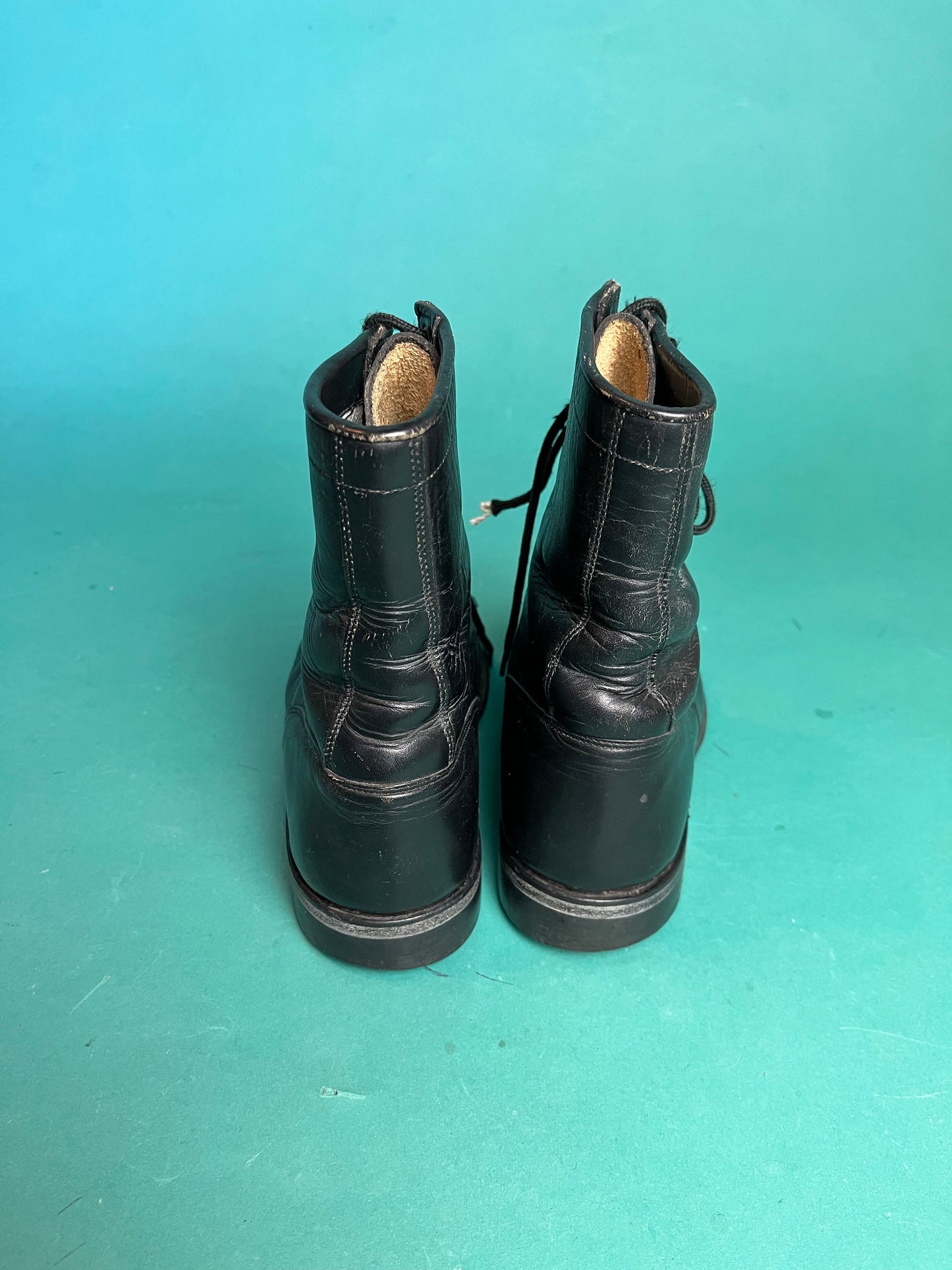 Black Leather Distressed Boots Vintage 80s Fringe Cowtown Lace Up Biker size 5D