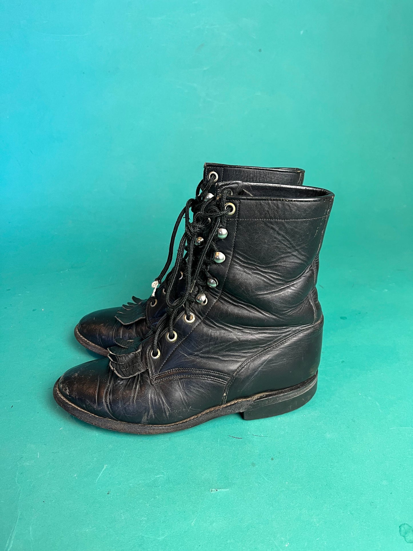 Black Leather Distressed Boots Vintage 80s Fringe Cowtown Lace Up Biker size 5D