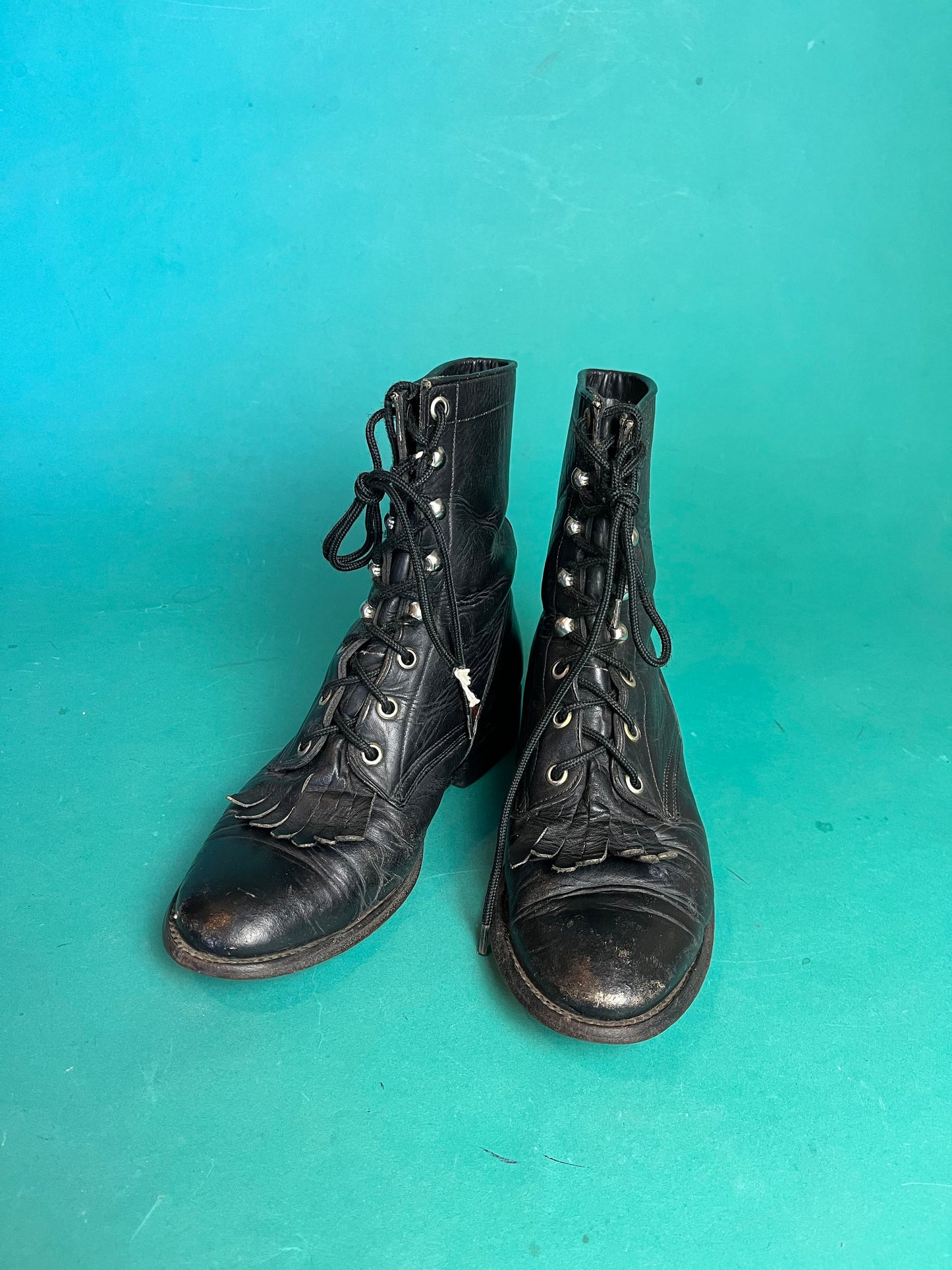 Black Leather Distressed Boots Vintage 80s Fringe Cowtown Lace Up Biker size 5D