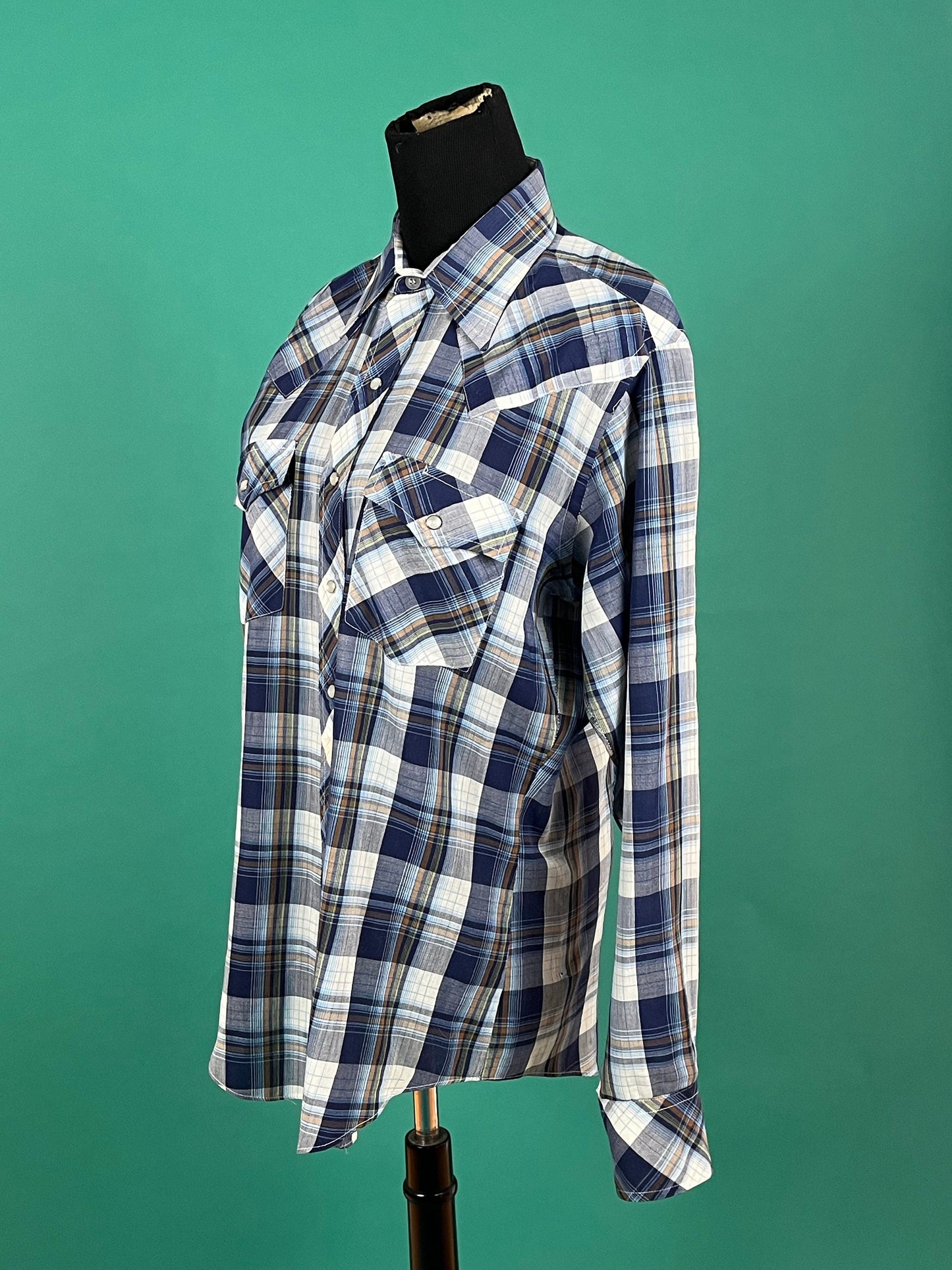 JC Penney Blue Plaid Pearl Snap Vintage 70s Button Up Pocket Long Sleeve Western Top size Large