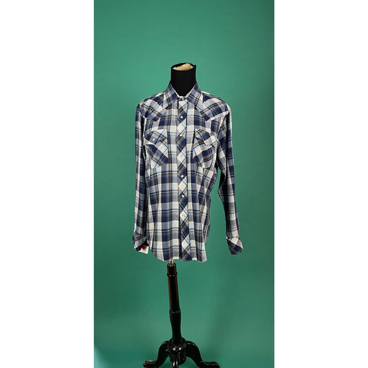 JC Penney Blue Plaid Pearl Snap Vintage 70s Button Up Pocket Long Sleeve Western Top size Large