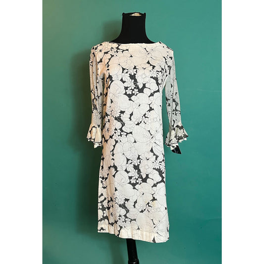 Vintage 1960s Bell Sleeve Black and White Line Drawn Flowers Bell Sheer Sleeve Lace lined Wide Neck Shift Dress Mod Boho Retro Medium