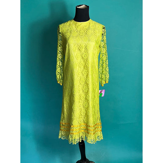 Vintage 1960s Neon Lime Green Sheer Sleeve Nicky Vaughn Lace Shift Dress size M