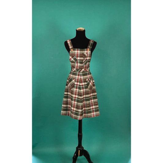 Pleated Overall Madras Plaid Jumper Vintage 70s School girl Overall Skirt Pocketed Cross Strap Apron Dress size XS