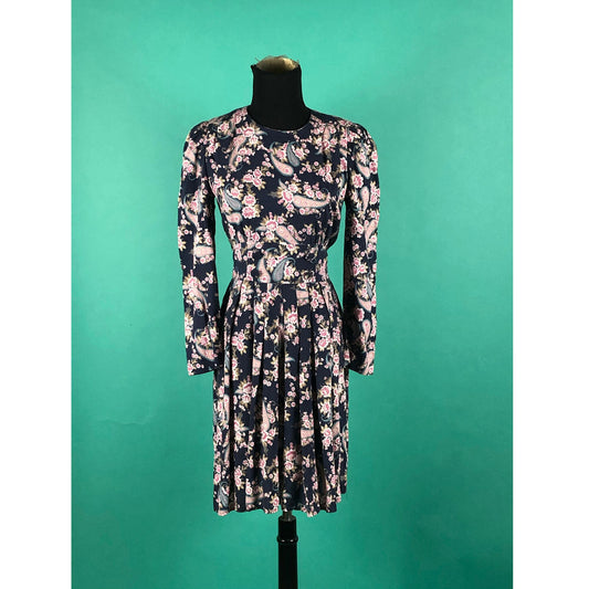 Vintage 1980s 80s Paisley Pink and Blue Floral Double Breasted Button Karin Stevens Pleat Long Sleeve Fit and Flare Dress size 6