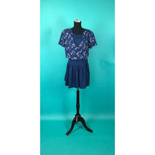 Flower Vest Jumper Vintage 90s Double Breasted Drop Waist Navy Short Sleeve Joni Blair Dress Size 13