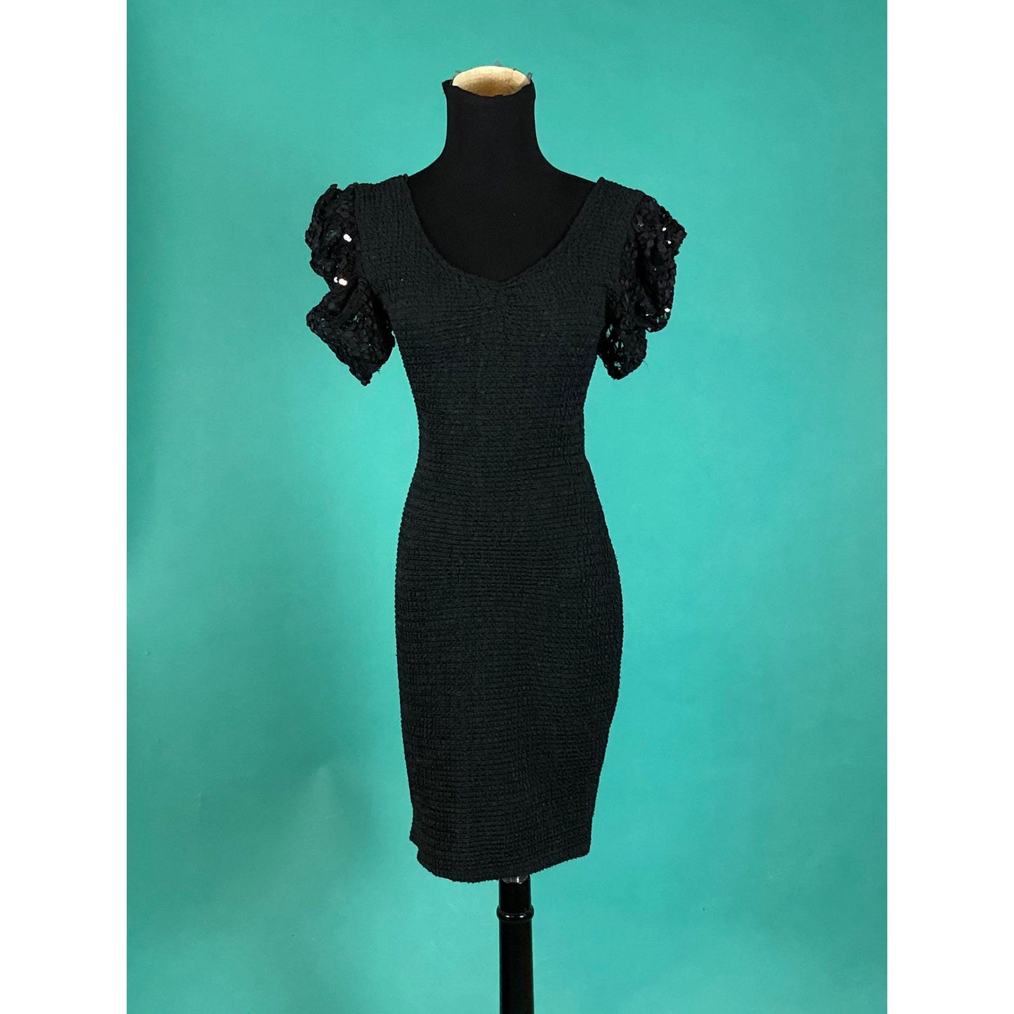 Lace Sequins LBD Vintage 90s Fitted Puff Sleeve stretch Mini Skirt Little Black Dress size Small