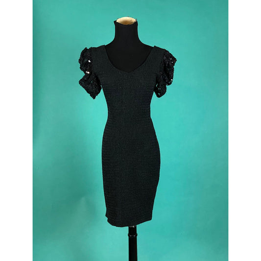 Lace Sequins LBD Vintage 90s Fitted Puff Sleeve stretch Mini Skirt Little Black Dress size Small