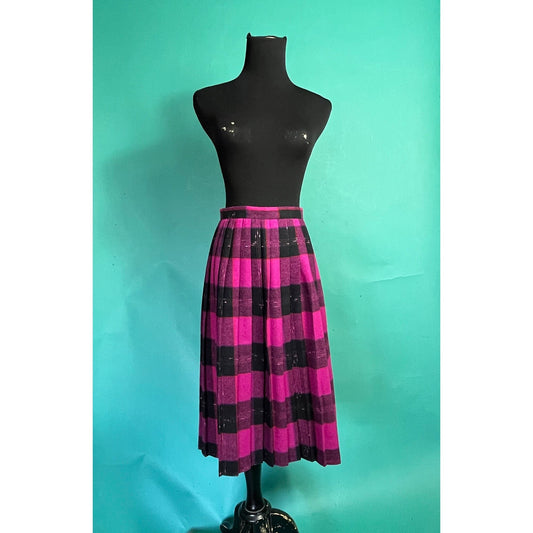 Magenta Wool High Waisted Vintage 80s Pleated Plaid A Line Tartan Plaid Skirt size XXS