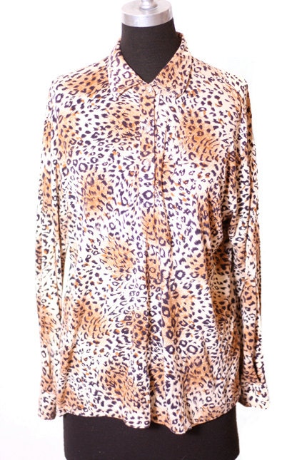 Vintage Vtg 1980's 80s Cheetah Print  Long Sleeve Collar Shirt size M