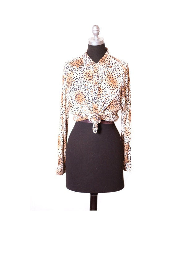 Vintage Vtg 1980's 80s Cheetah Print  Long Sleeve Collar Shirt size M