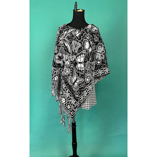 Vintage 70s Tassel Black and White Two Tone Psychedelic Butterfly Novelty Print Poncho Cape