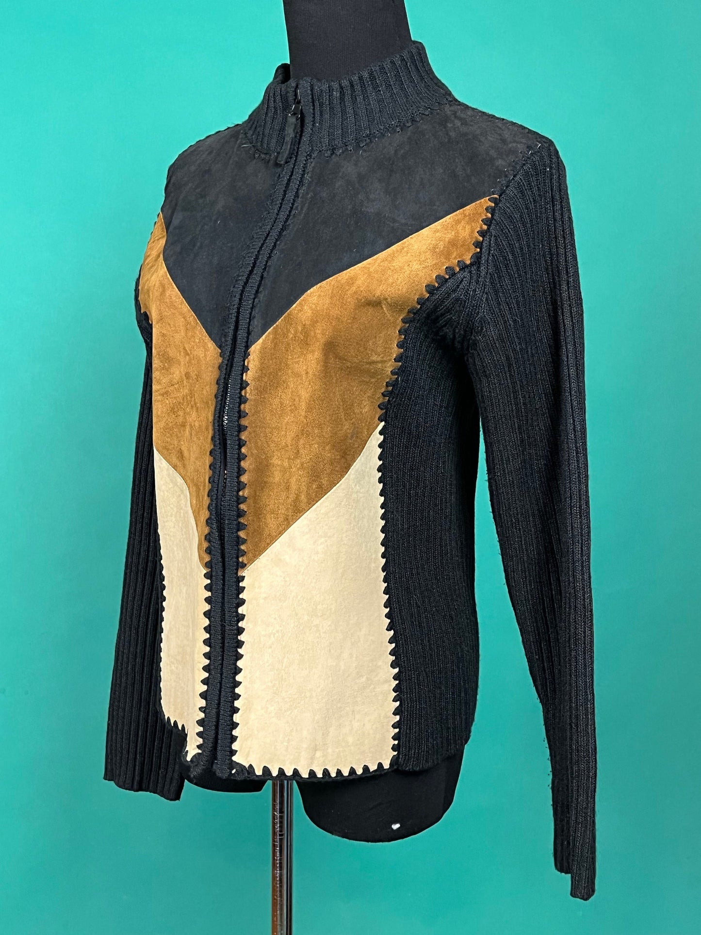 Vintage 90s Brown Cream Suede and Ribbed Knit V Zip Up High Collar Jacket size Small