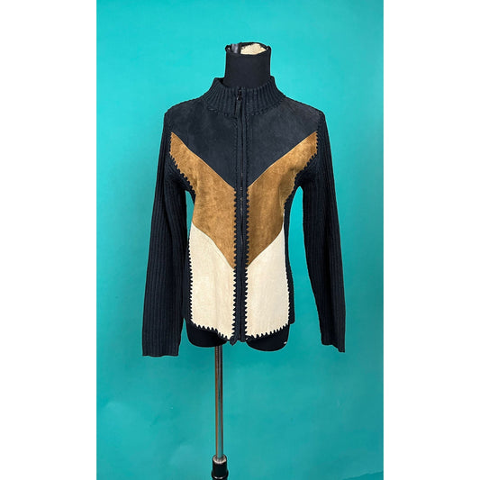 Vintage 90s Brown Cream Suede and Ribbed Knit V Zip Up High Collar Jacket size Small