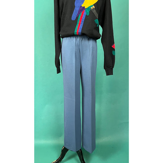 Vintage 60s Gray Blue Mid rise Elastic Waist Stretch Pleat Wide Leg Trouser Pants size 9