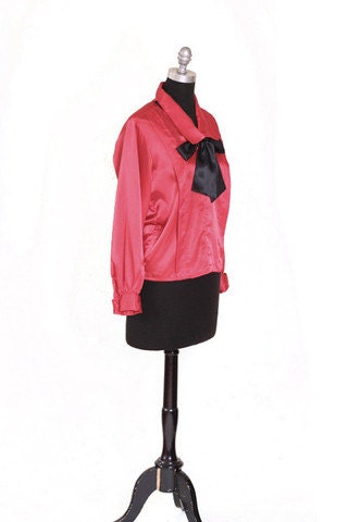 Red and Black Button Up Vintage 70s Long Sleeve Silky Collared Bowtie Holiday Blouse size Small