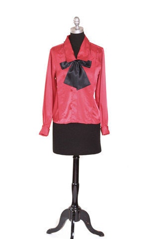 Red and Black Button Up Vintage 70s Long Sleeve Silky Collared Bowtie Holiday Blouse size Small