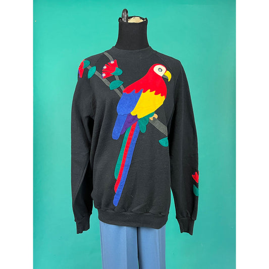 Vintage 80s Bright Suede Patchwork and Rhinestone Parrot Statement Ringer Pullover Sweater size 1
