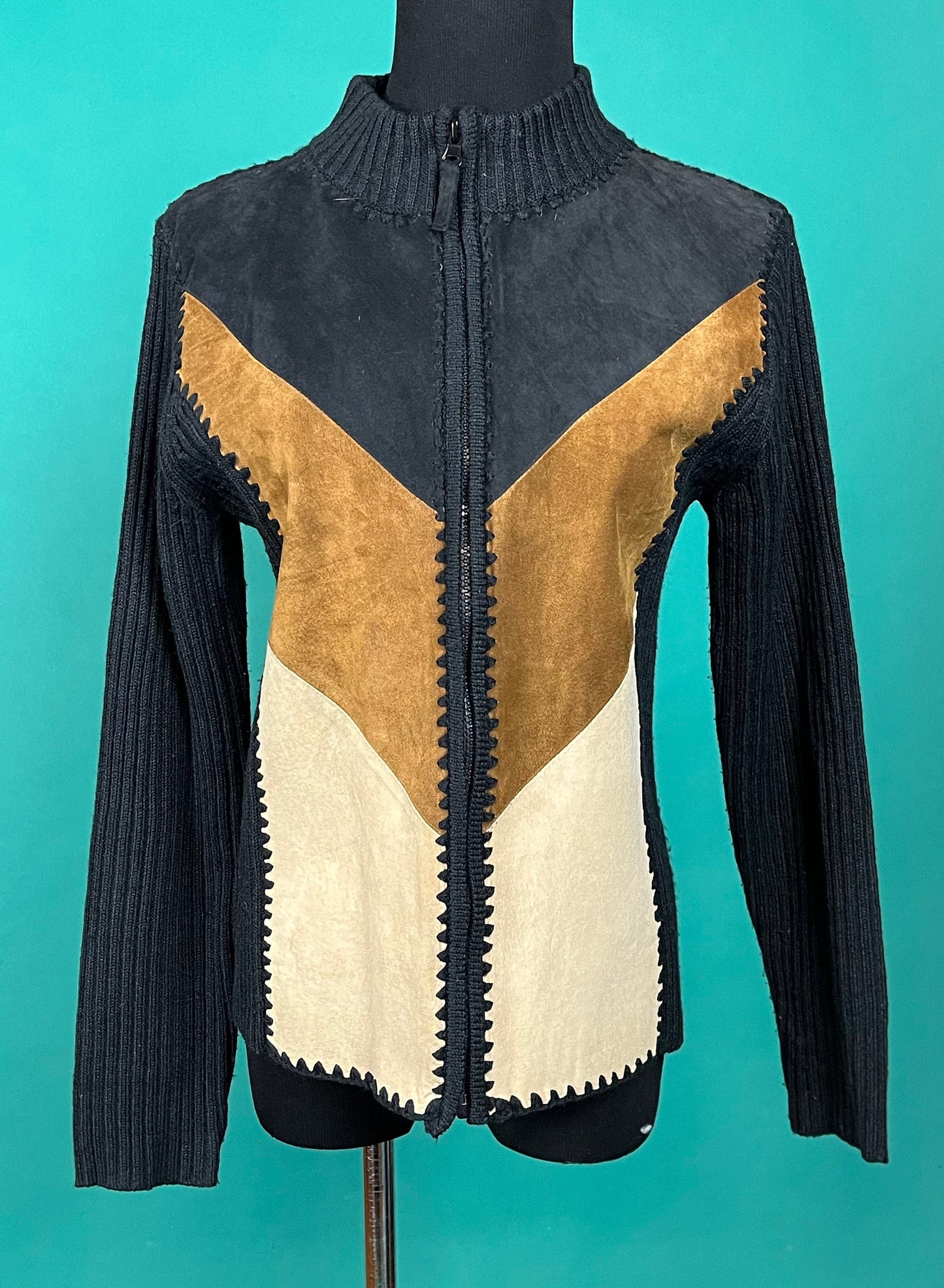 Vintage 90s Brown Cream Suede and Ribbed Knit V Zip Up High Collar Jacket size Small