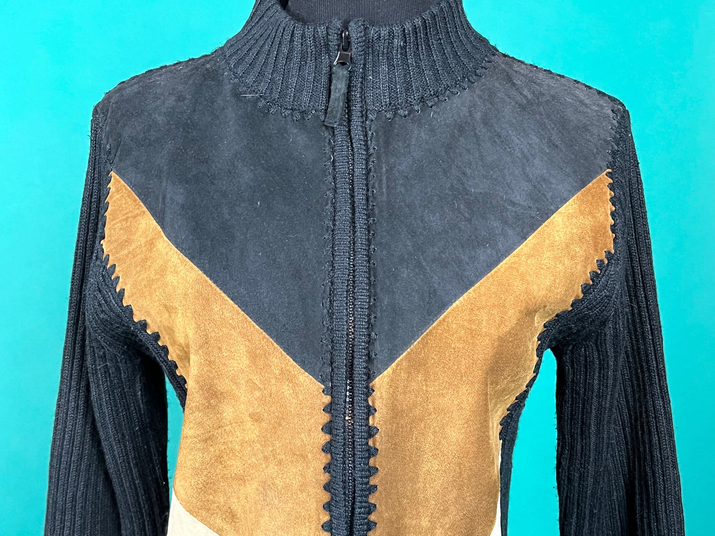 Vintage 90s Brown Cream Suede and Ribbed Knit V Zip Up High Collar Jacket size Small