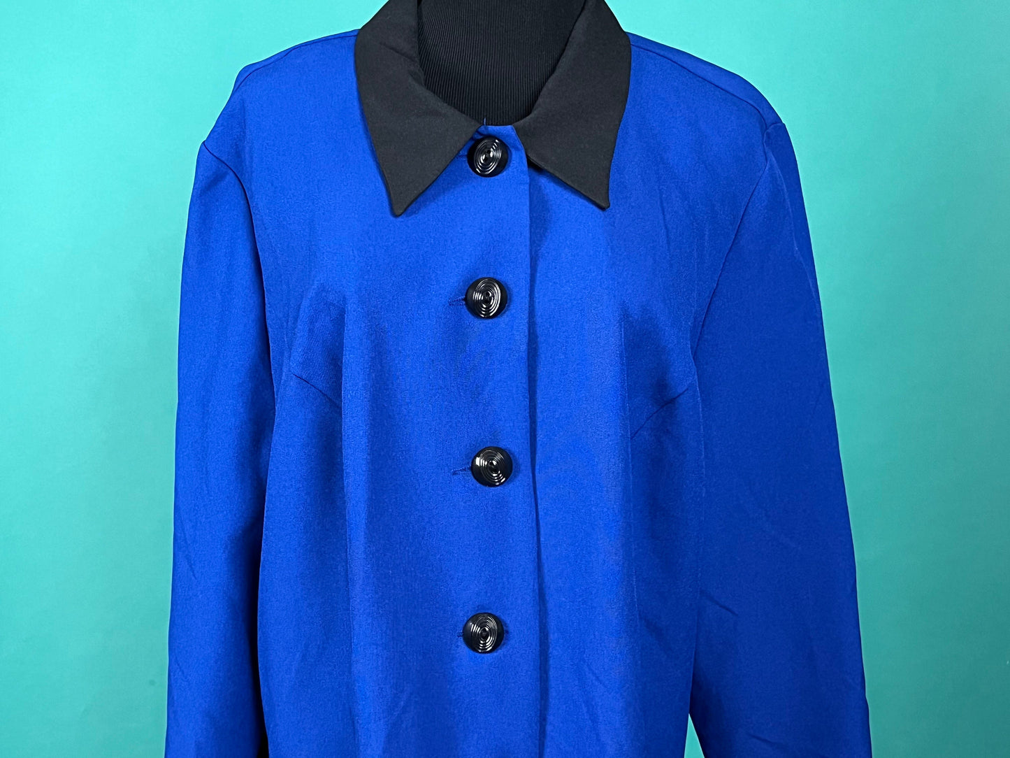 Vintage 90s Volup Kelly Blue and Black Accent Button Up Collared Dress Suit Coat 18W