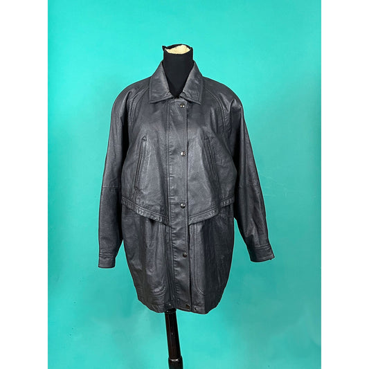 Vintage 80s 90s Black Leather Western Cowboy Tiered Flap Mini Duster Motorcycle Coat Jacket size Mens Small