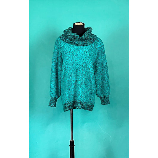 Vintage 80s Peppered Teal Popcorn Knit Cowl Neck Turtle Neck Batwing Sweater size Medium
