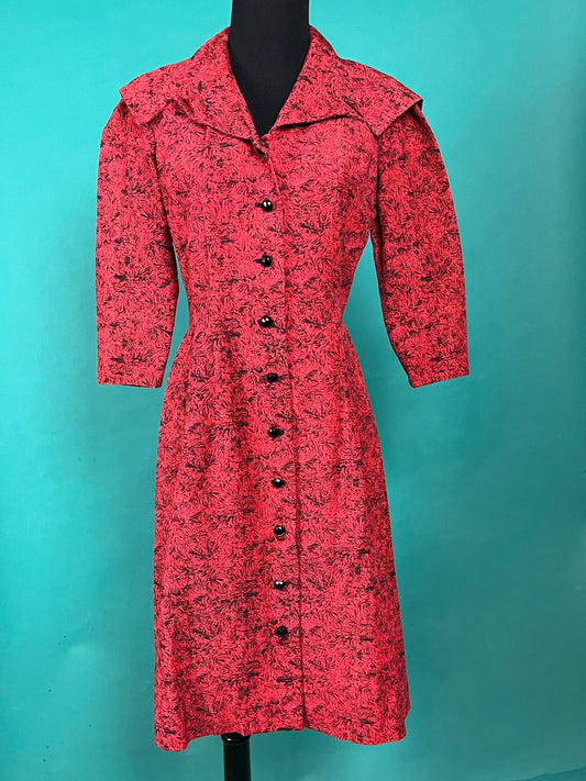 Vintage 50s Black and Red Shayne of Miami Wide Collar Quarter Sleeve Abstract Pattern Fit and Flare Dress size Small
