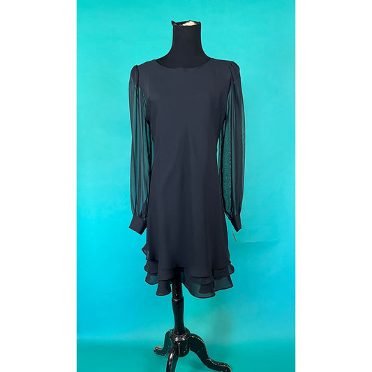 Vintage 90s Black Sheer Tiered Long Sleeve Shift Formal Hampton Niles Dress
