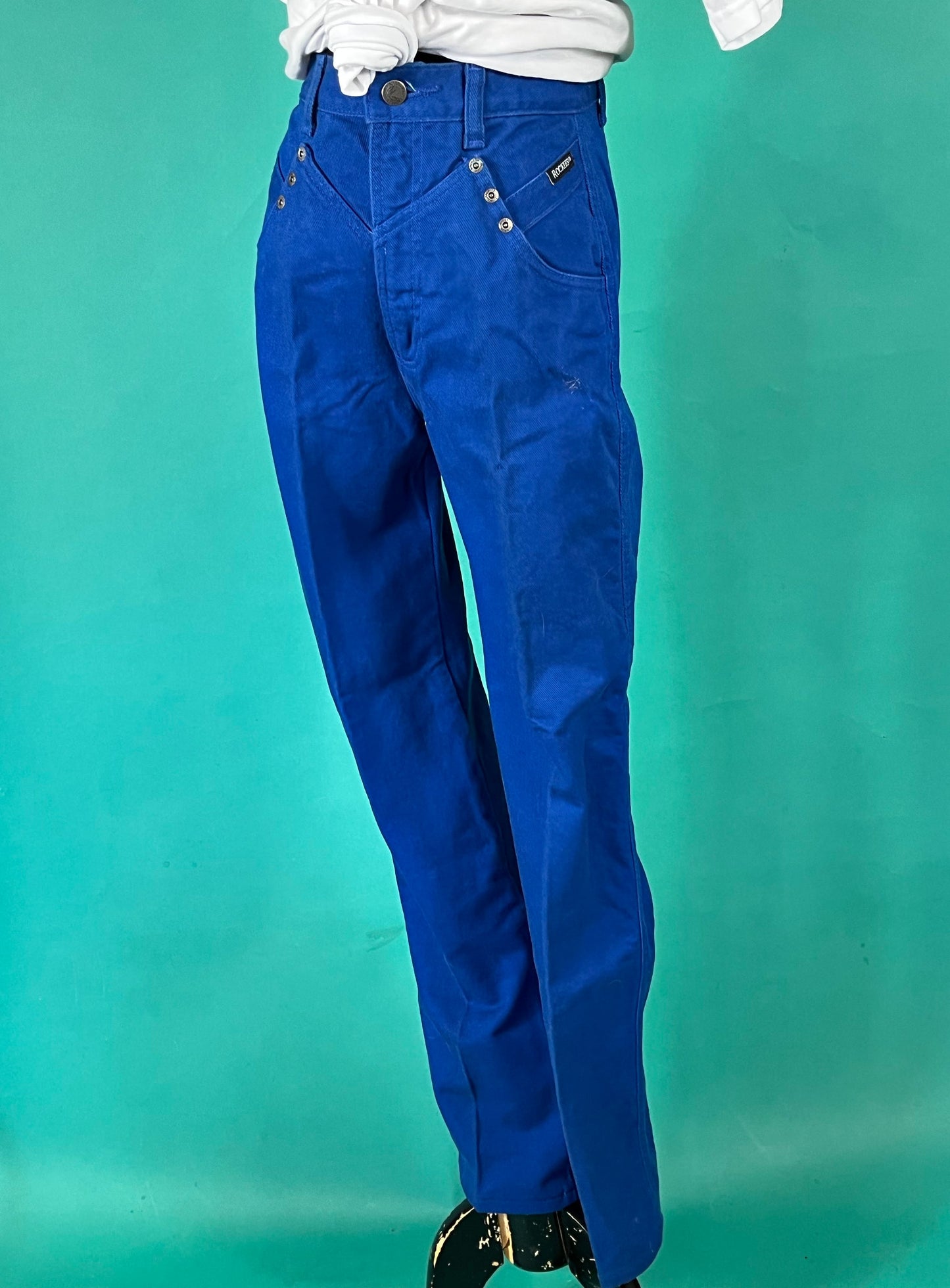 Vintage 80s Kelly Blue High Waisted Rocky Mountain Western Cowboy Straight Leg Denim Jeans size 27