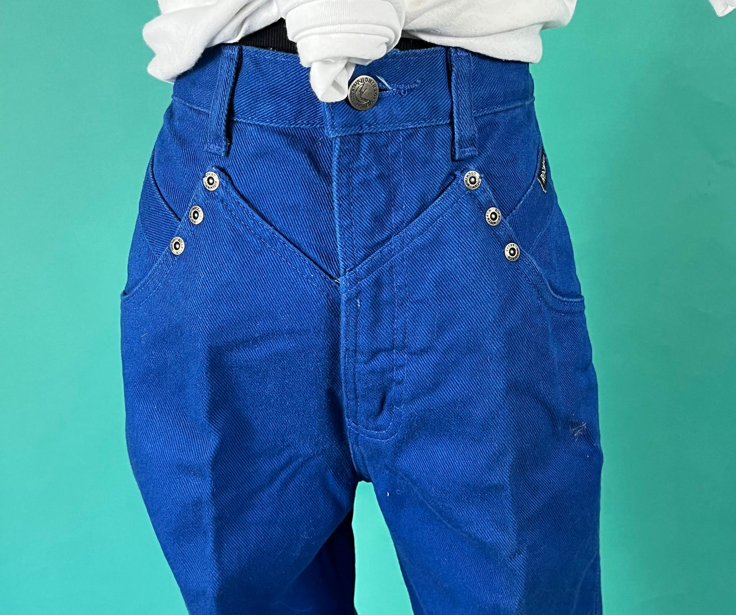 Vintage 80s Kelly Blue High Waisted Rocky Mountain Western Cowboy Straight Leg Denim Jeans size 27