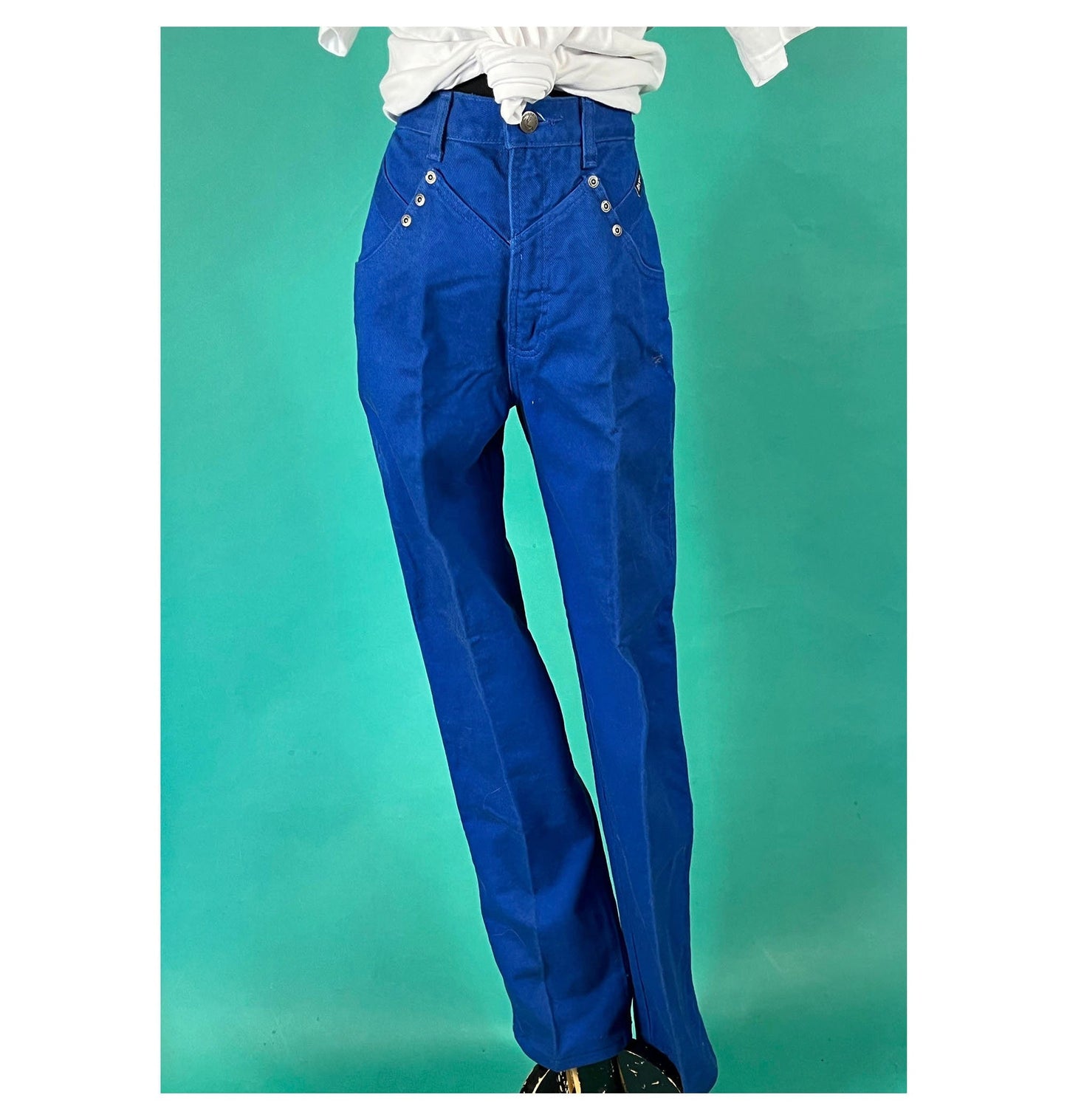 Vintage 80s Kelly Blue High Waisted Rocky Mountain Western Cowboy Straight Leg Denim Jeans size 27